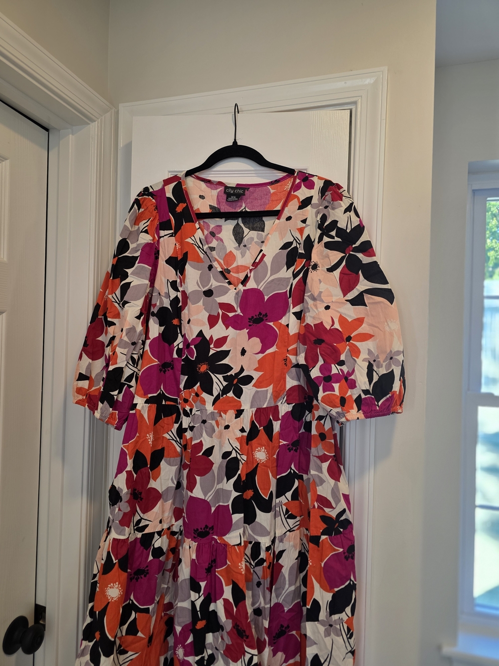 City Chic Floral V-Neck Tiered Midi Dress in Pink, Orange & Black